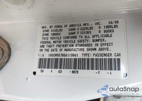 2006 Honda Accord 2.4 Ex z USA, uszkodzony, nr VIN 1HGCM56786A119941